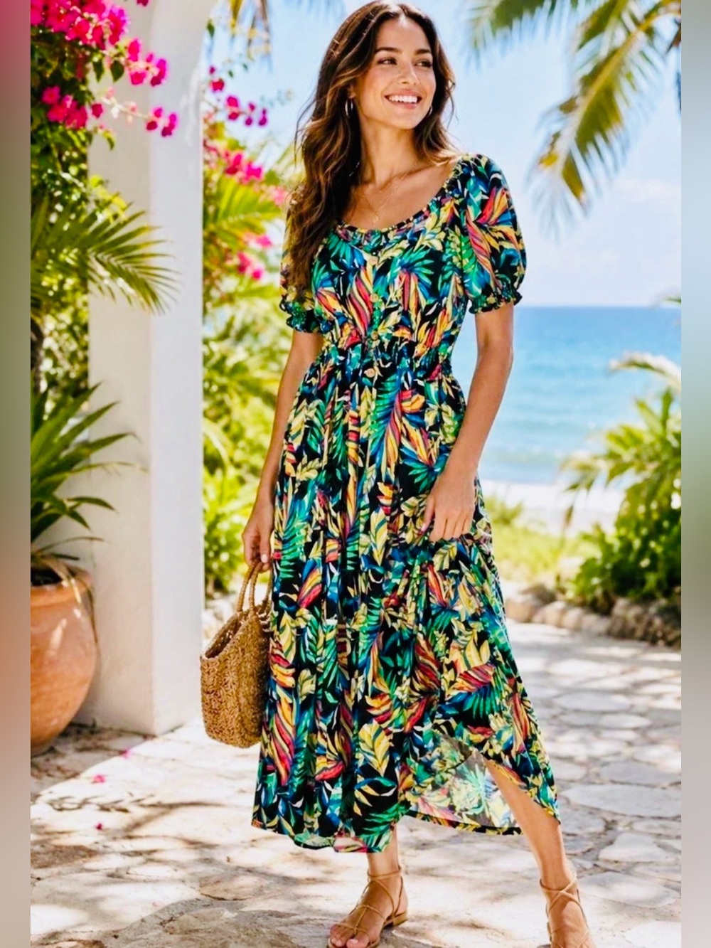 NWT Kindred Tropical Palm Print Maxi Dress 3X Puff Sleeve Button Front Vacay